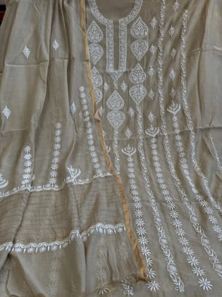 Mul Chanderi Chikankari Unstitched Length with Dupatta - Beige-Beige / Mul Chanderi / Pearl Work