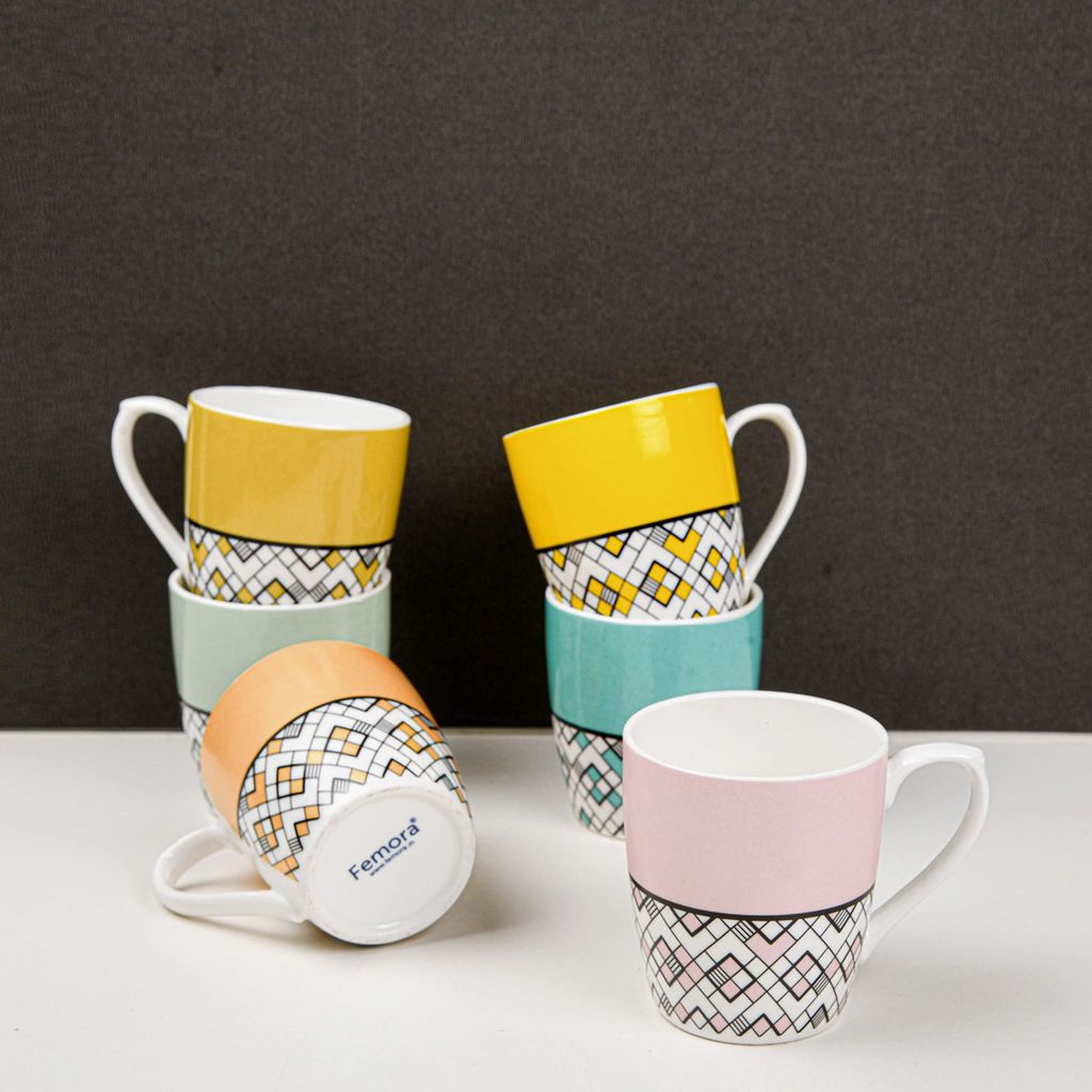 Femora Seamless Square Pattern Fine Bone China Tea Mugs, Ceramic Tea Cups, Coffee Mugs (160 ml) - 6 Pcs Set