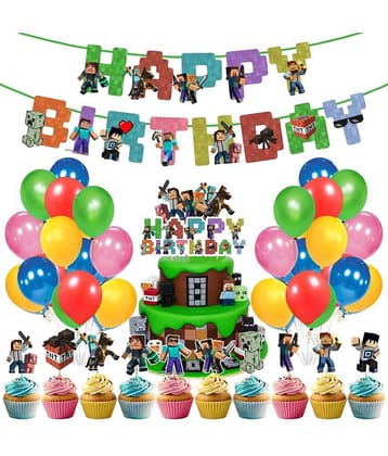 Zyozi Pixel Style Gamer Birthday Party Supplies for Game Fans,37 Pcs Minecraft Theme Birthday Party Decorations for Boys - Banner, Cake Topper, Cupcake Toppers and Balloons