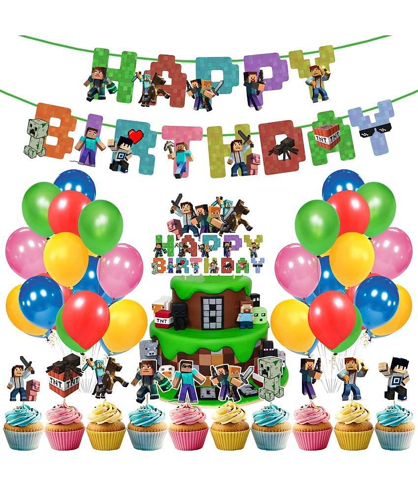 Zyozi Pixel Style Gamer Birthday Party Supplies for Game Fans,37 Pcs Minecraft Theme Birthday Party Decorations for Boys - Banner, Cake Topper, Cupcake Toppers and Balloons