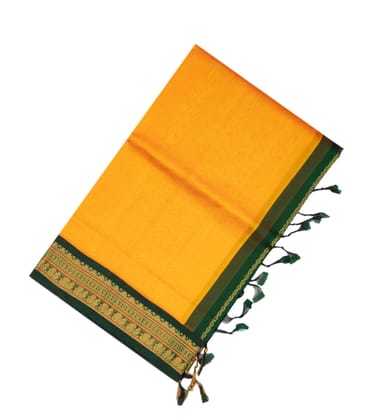 Mango Yellow Handloom Korvai Silk Cotton Saree With Green Border-Mango Yellow
