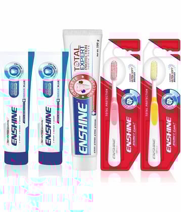 Enshine Sensitivity Toothpastes ( 50g x 2 ), Total Expert Toothpaste (100g), and 2Pc Toothbrushes