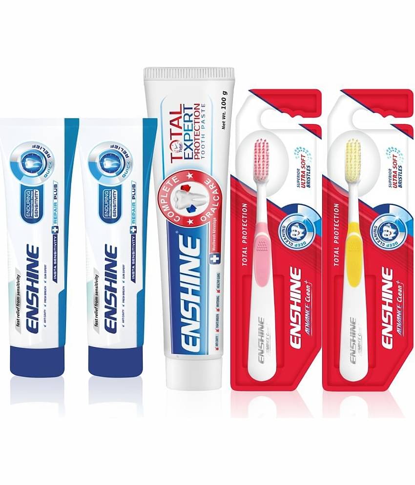 Enshine Sensitivity Toothpastes ( 50g x 2 ), Total Expert Toothpaste (100g), and 2Pc Toothbrushes