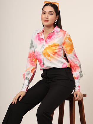 Women'S Premium Micro Multicolour Long Length Curved Hem Digital Print Shirt-M