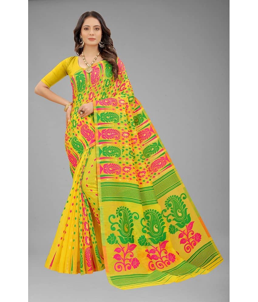 NENCY FASHION Cotton Embroidered Saree With Unstitched Blouse Piece ( Gold )