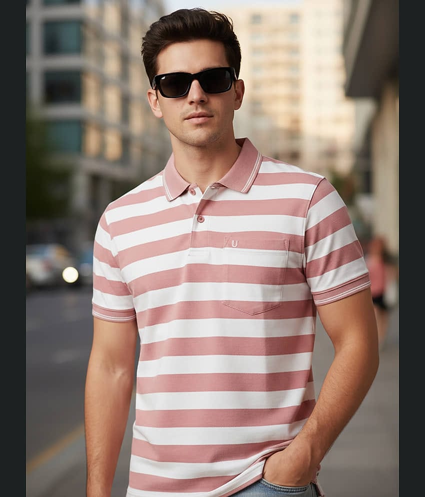 UNIBERRY Men Cotton Blend Regular Fit Striped Polo T Shirt ( Pink )