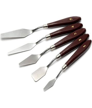 ECLET Palette Painting Knives - Set of 5 Various Sizes & Shapes, Stainless Steel Scraper Spatula with Polished Brown Handle for Artist Canvas Oil Paint Mixing Colour(L)