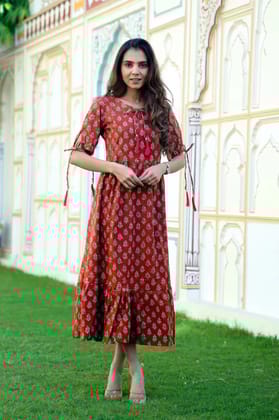 TRADITIONAL BAGRU PRINTBagru Hand Block Printed Cotton One Piece DressAttached Dori with Tussle in Neck Line/
