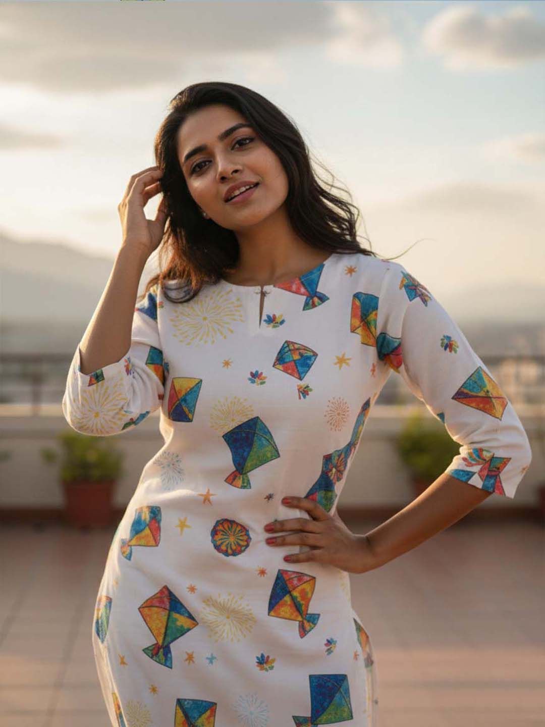 Festive wear Womens White Cotton Blend Kite Print Kurti..