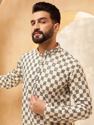 Men's Cotton Rayon Embroidered Sequinned Beige Only Long Kurta-36