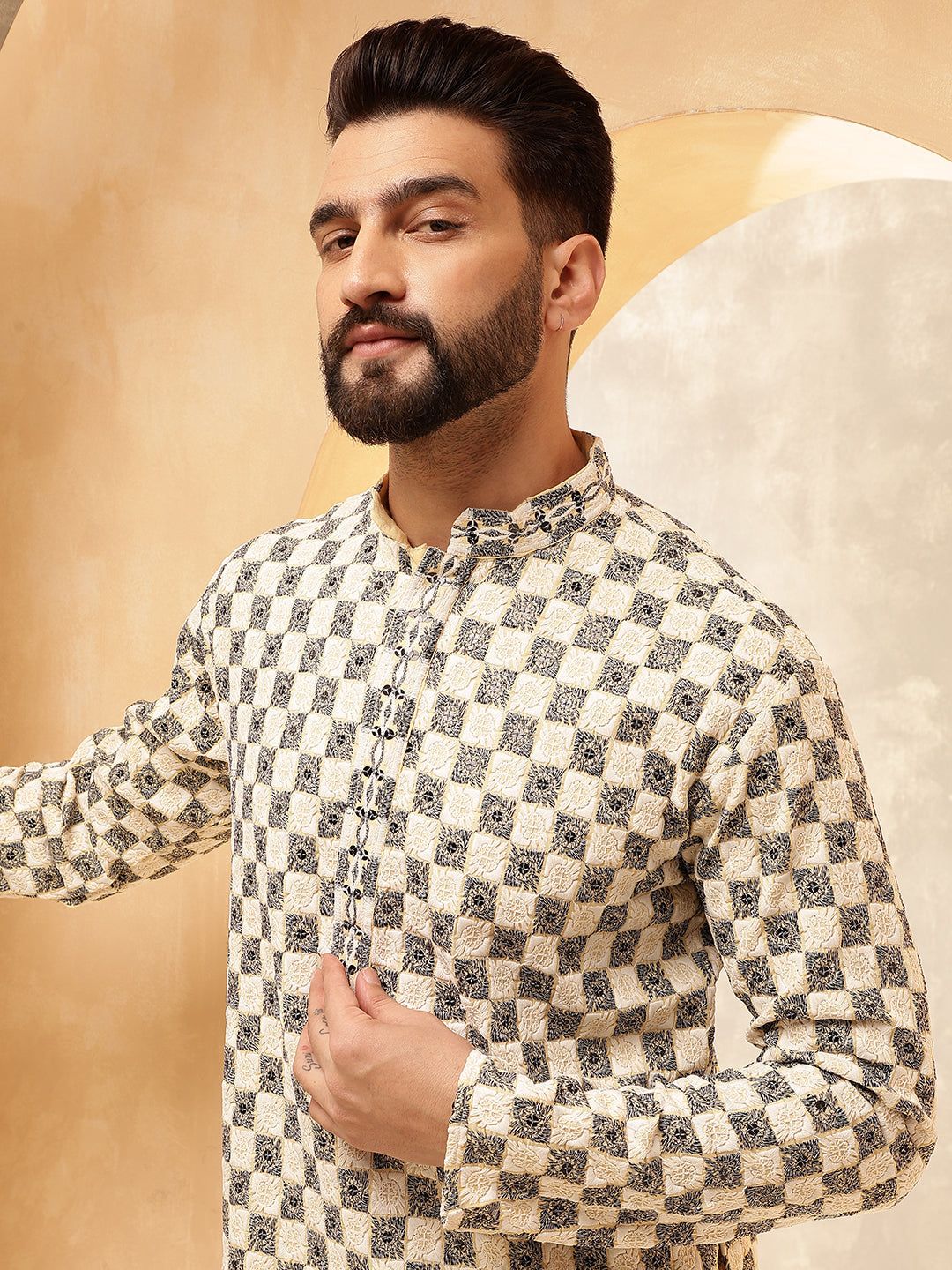 Men's Cotton Rayon Embroidered Sequinned Beige Only Long Kurta-36