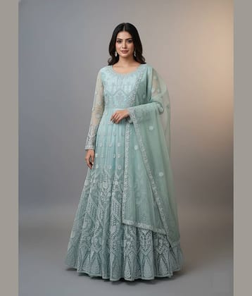Aika Women Net Flared Semi Stitched Ethnic Gown With Dupatta ( Mint Green )