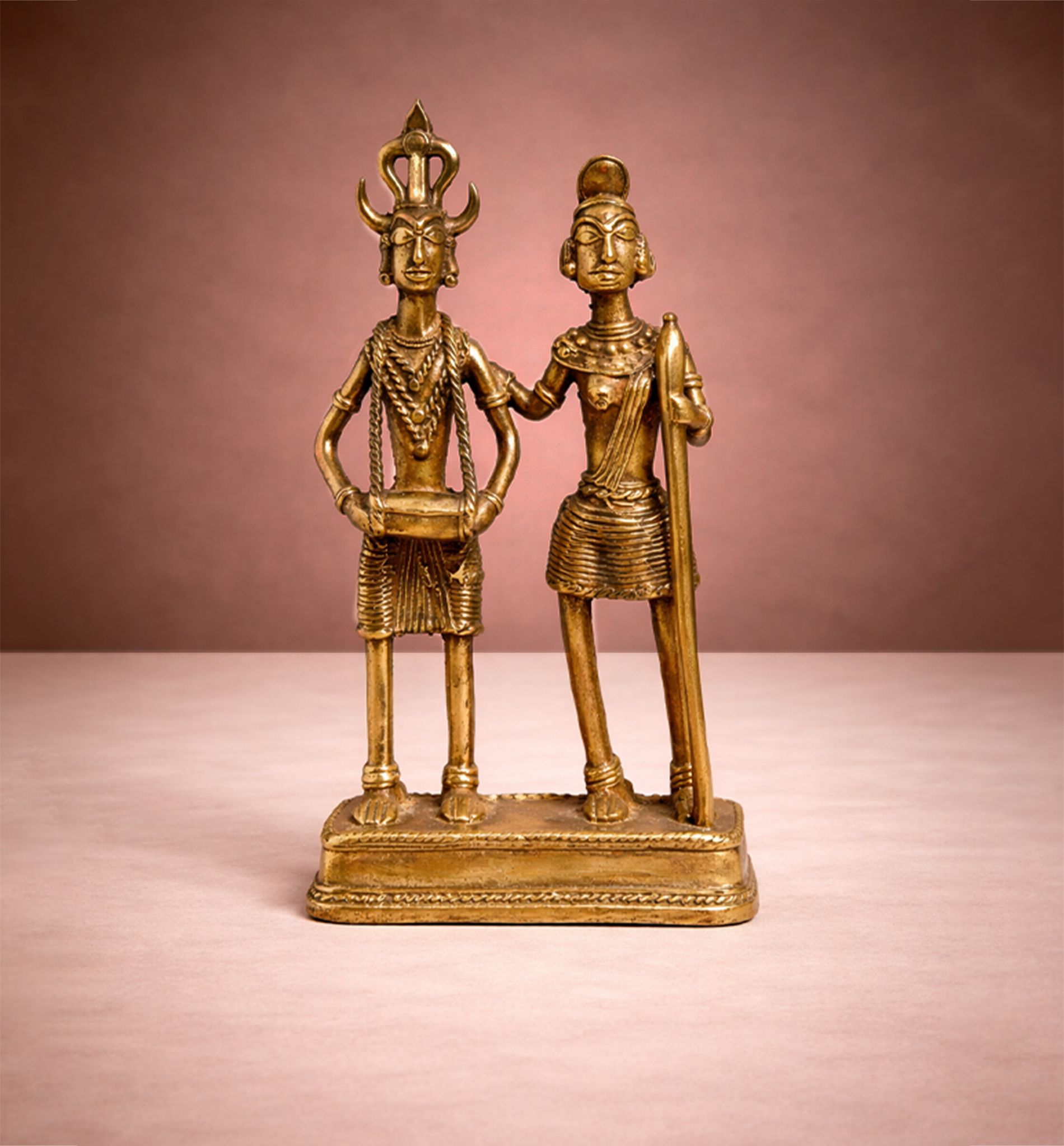 Handcrafted Brass Tribal Folk Dance Couple Showpiece – Traditional Bhareva  Bell Metal Art