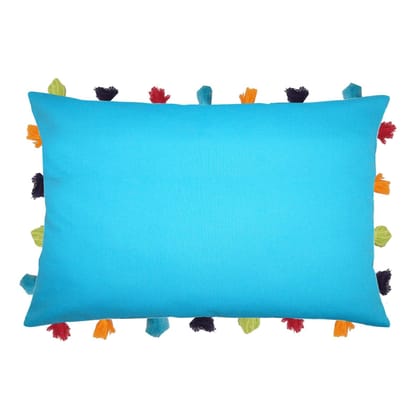 Lushomes cushion cover 14x20, boho cushion covers, sofa pillow cover, cushion covers with tassels, cushion cover with pom pom (14x20 Inches, Set of 1, Blue )