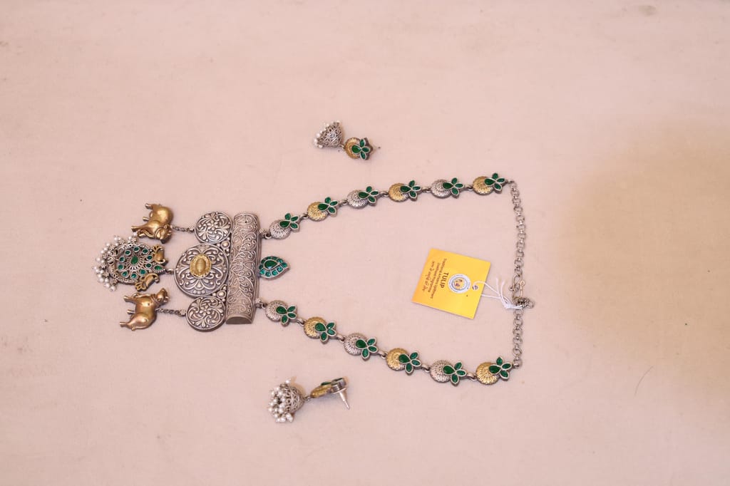 Antique Style Necklace with Green Stones, Silver-Gold Dual Tone, Elephant Charms and Pearl Clusters
