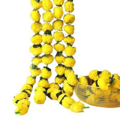 Plastic Genda Phool Toran with Green Leaves - Yellow