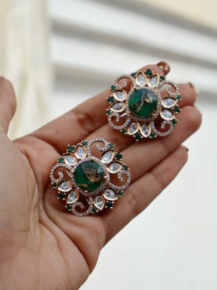 Bessie Kundan Green Stud Earrings-Green