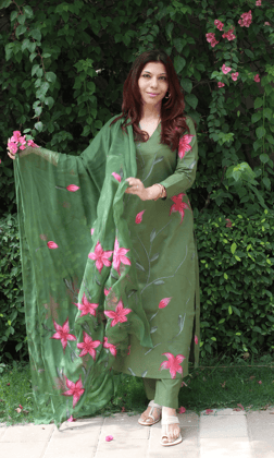 Cotton Forest Green & Pink Hand Brush Painted Suit with Chiffon Handpainted Dupatta-XXS