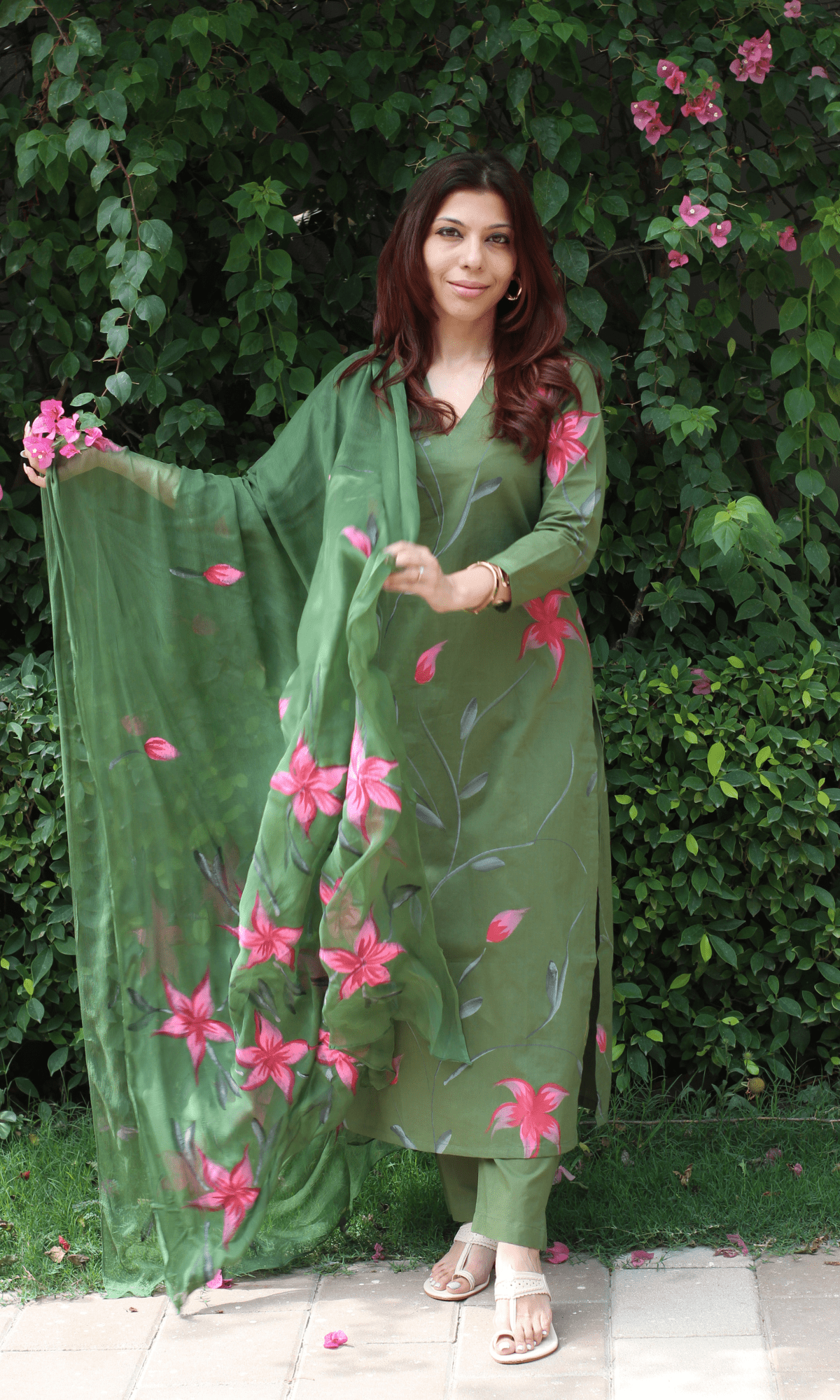 Cotton Forest Green & Pink Hand Brush Painted Suit with Chiffon Handpainted Dupatta-XXS