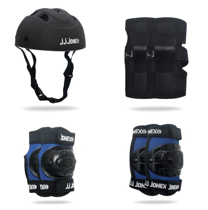 JJ Jonex Skating Guard, Protective Skating Guard Kit | Skate, Cycling Protection Set | Multi Sport Gear for Children Age 5-16 Years, Helmet Elbow Guards Knee Caps & Hand Gloves (Black-Blue, Large)