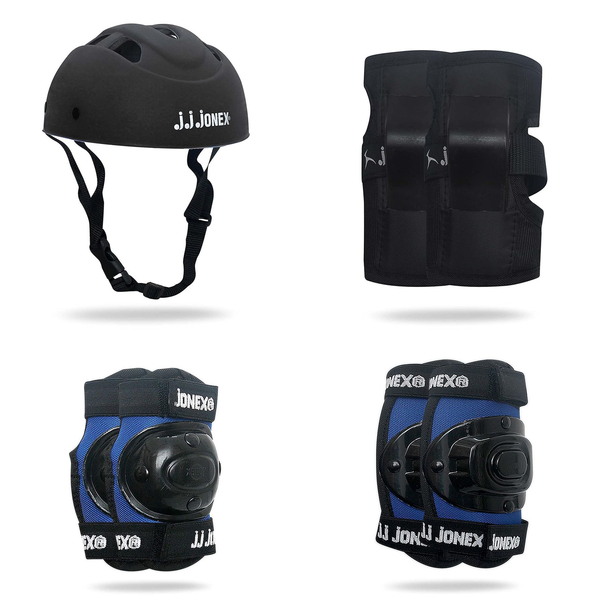 JJ Jonex Skating Guard, Protective Skating Guard Kit | Skate, Cycling Protection Set | Multi Sport Gear for Children Age 5-16 Years, Helmet Elbow Guards Knee Caps & Hand Gloves (Black-Blue, Large)