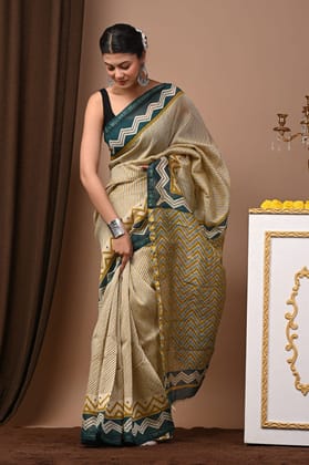 CHANDERI SILK BAGRU PRINT SAREE WITH ZARI BORDER