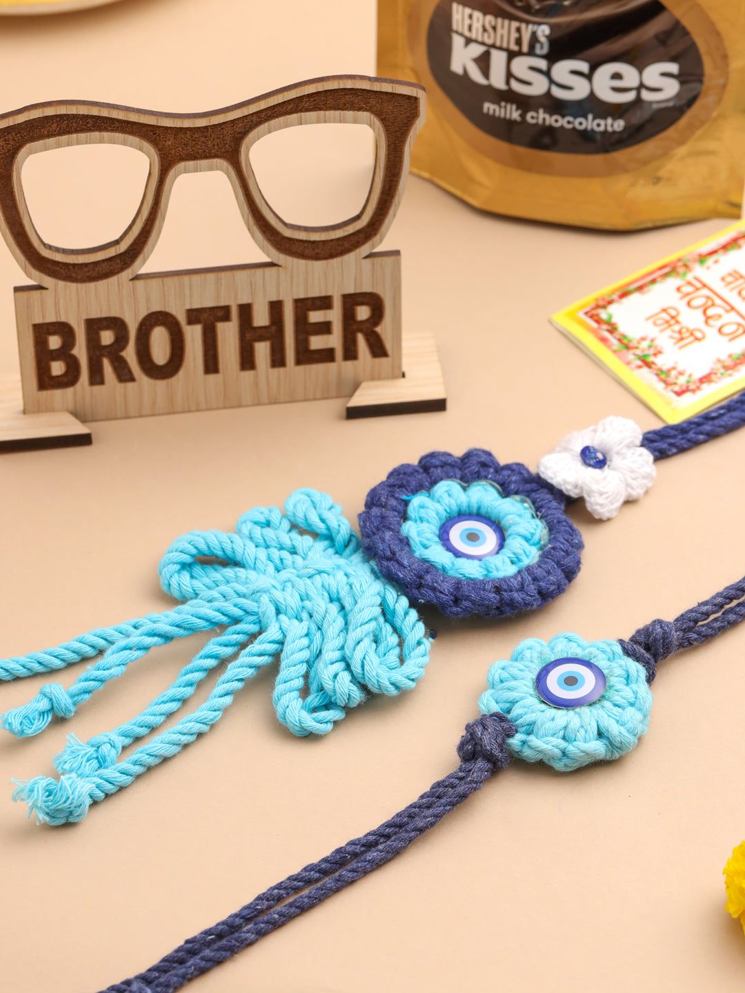 NVR Set of 2 Blue Evil Eye Floral Style Bhaiya Bhabhi Rakhi Set, Combo for Rakshabandhan-One Size / Blue