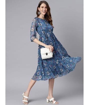 Janasya Women Georgette Printed Fit & Flare Dress ( Blue )