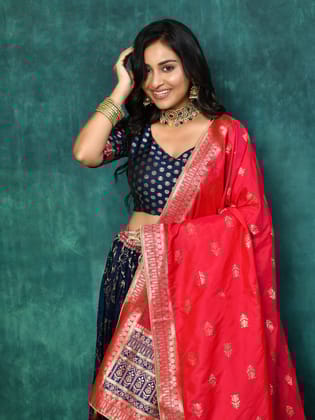 Navy Blue Banarasi Semi-Stitched Lehenga Choli