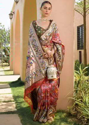 Cherry Red Woven Paithani Silk Saree