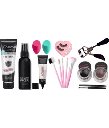 swenky makeup fixer primer eyeliner eyelash curler beuaty blender puf & makeup brush (Pack of 9)