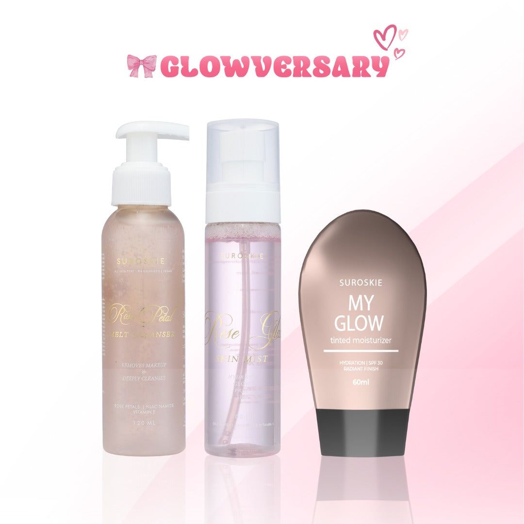 Glow-Versary Duo (ROSE CLEANSER & ROSE GLASS MIST)  + My Glow ( Any One Shade )-LIght