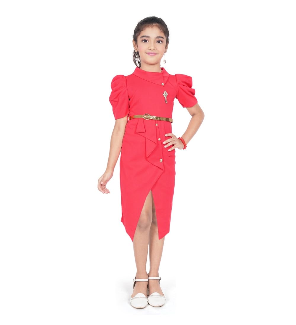 Girl's Cotton Soild Short Sleeve Close Neck Dress (Pink, 7-8_Yrs)-PID63789
