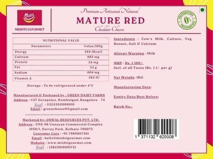 Natural Mature Red Cheddar Block 1KG