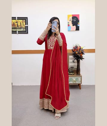 Trijal Fab Pack of 1 Georgette Embellished Anarkali Women's Kurti with Dupatta - ( Red )