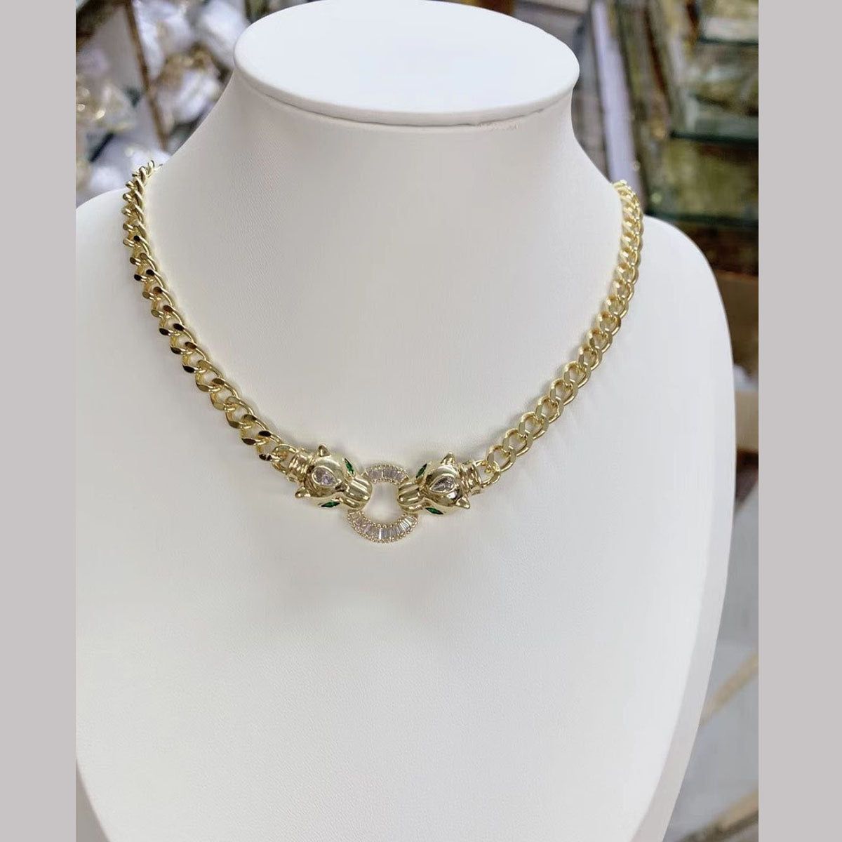 Panther Face Ring Gold Cubic zirconia Curb Chain Necklace For Women