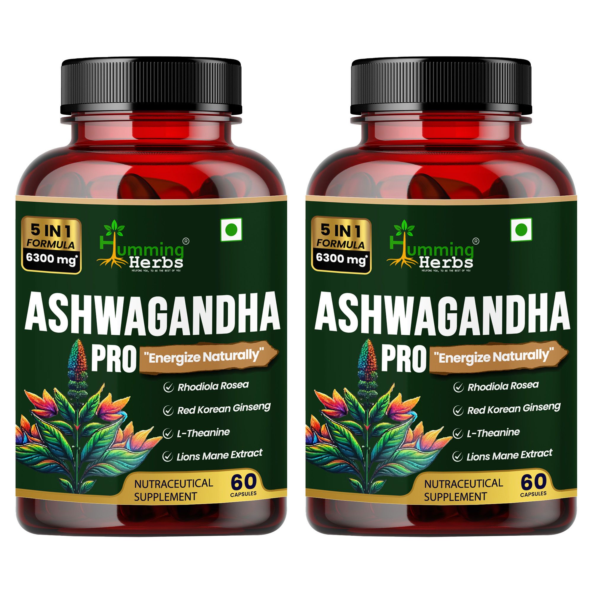 Humming Herbs Ashwagandha Pro - High Potency Adaptogen Blend with Rhodiola Rosea, Red Korean Ginseng, L-Theanine, & Lion's Mane - Natural Stress Relief & Cognitive Support- Pack of 2
