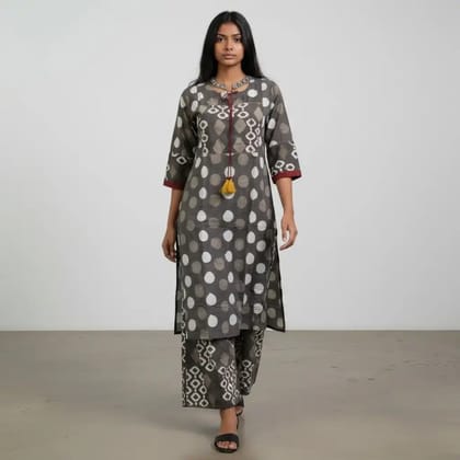 Handloom Cotton Co-Ord Set in Charcoal with Hand Embroidery