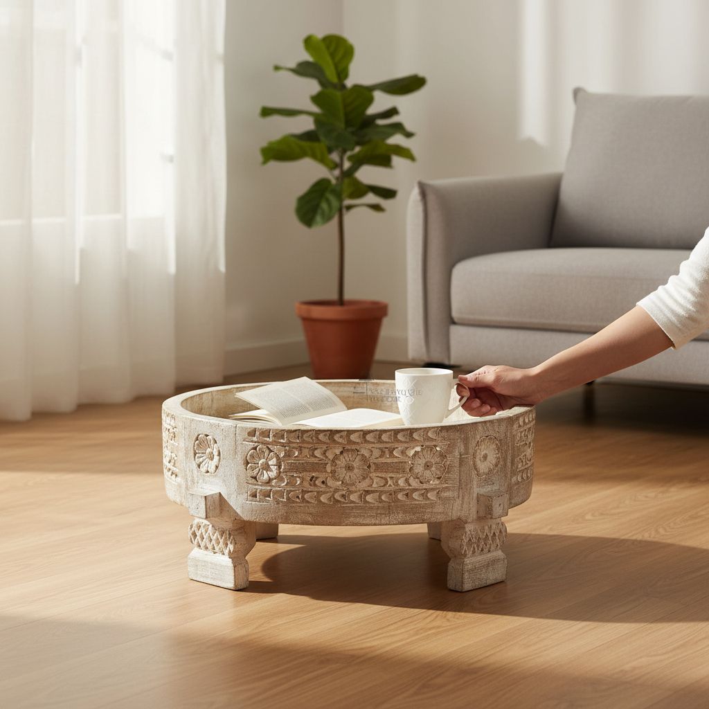 BAANMATA INTERNATIONAL Handicraft Distressed Round Coffee-Table Cum Chapati Storage-Bowl,Wooden Carved Grinder-Table Cum Moon-Table,Home-Living Multipurpose Showpiece Chakki-Table