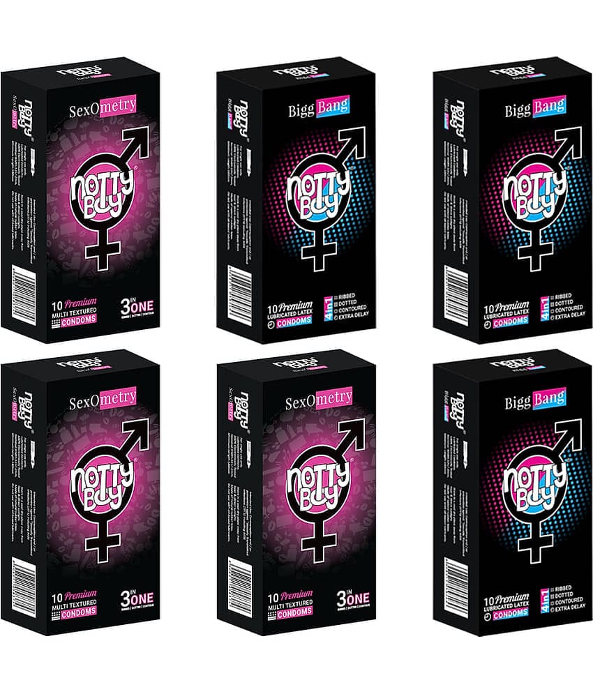 NottyBoy 3 IN 1 & 4 IN 1, Dotted, Ribbed, Long Lasting, Contour Condoms For Men - 60 Units