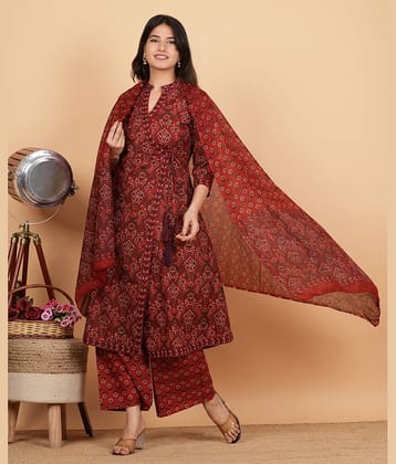 Vbuyz Cotton Printed Kurti With Palazzo Women's Stitched Salwar Suit - Maroon ( Pack of 1 )
