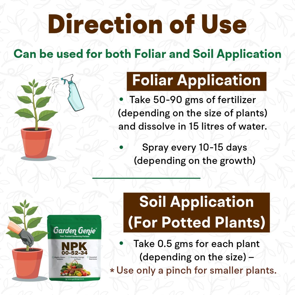Garden Genie MKP (Mono Potassium Phosphate) NPK 00 52 34 Fertilizers for Plants, Garden & All Crops 800 Gm | Water Soluble Foliar Spray Nutrition