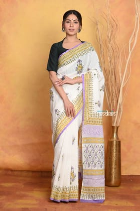 Mastaani ~ Handblock Printed Cotton Saree With Natural Dyes - White
