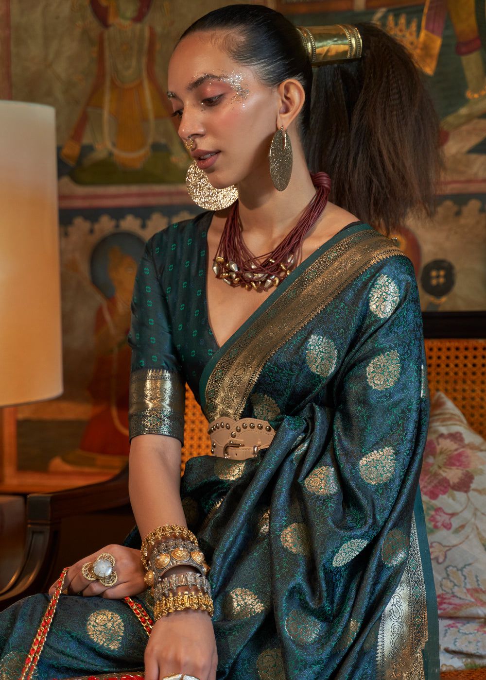 Peacock Blue Woven Banarasi Satin Silk Saree