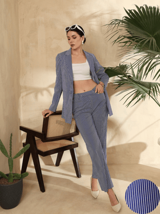 Cotton Stripe Pant Suit - Blue and White-4XL