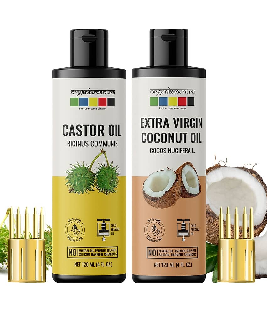 Organix Mantra Extra Virgin Coconut Oil, Castor Oil, Cold Pressed Organic Oil, 120ML x 2