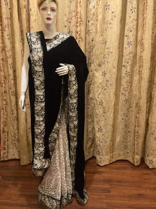 Heavy Velvet- Tulle Embroidered Saree with Velvet doshala