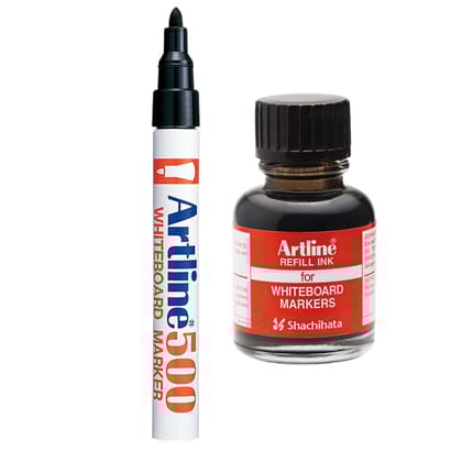 Artline Combo of Black Colour 500 Whiteboard Marker X 10 with ESK50 Refillable Ink X 10 | Efficient and cost-effective solution for your writing needs