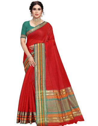Generic Women's Kota Doria Cotton Bordered Saree With Blouse (Red, 5-6  Mtr)
