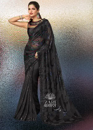 Cocktail Black Georgette Sequins Silk Saree